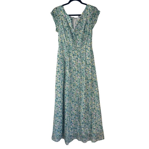 eShakti Custom Green Floral Cap Sleeve Cotton Maxi Dress Lined Size Medium - Picture 1 of 6